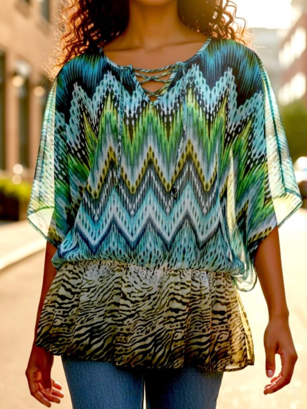 Peter Nygard Sheer Multicolor Print Short Sleeve Dolman Blouson Top size 12 EUC